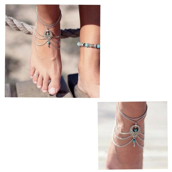 BOHEMIAN SILVER & TURQUOISE ANKLET - Picture 2 of 4